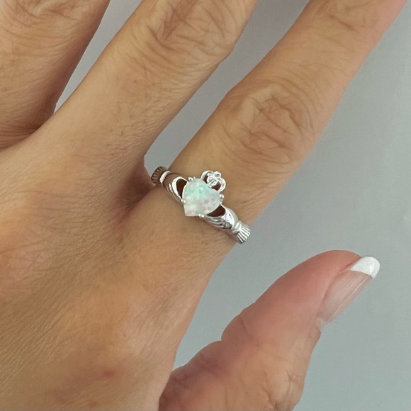 Sterling silver white opal stone Claddagh ring, white opal ring, Claddagh ring - Picture 1 of 10
